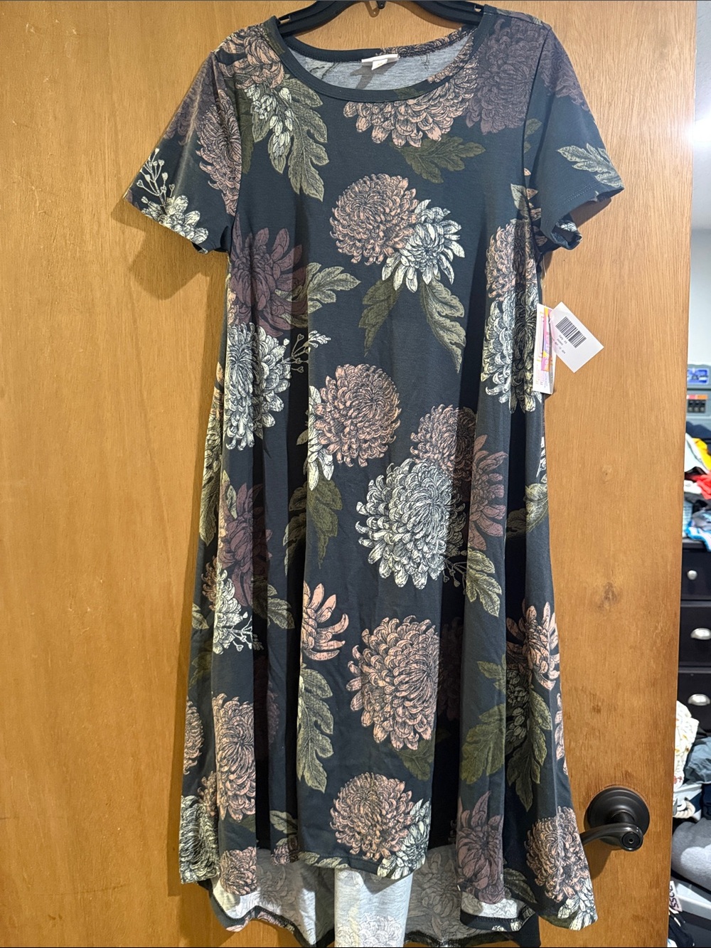 LuLaRoe Black Floral Swing Dress with Pink, Cream, and Green Blooms